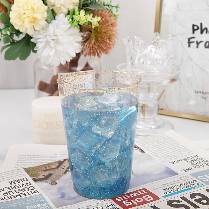 I00000 100 Pack 12 oz Gold Glitter Cups, Clear Disposable Cups, Gold Plastic Wine Glasses Cocktail Glasses Heavy Duty Cups, 12 Ounce Glitter Plastic Tumblers for Party