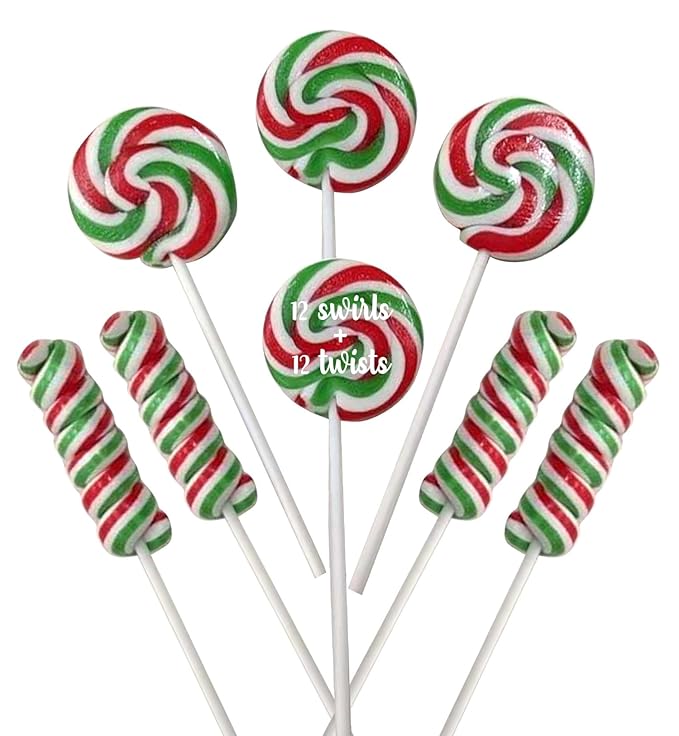 Christmas Candy Lollipops - 24 Holiday Suckers Individually Wrapped Bulk - 18g Swirl and 12g Twisty Pops