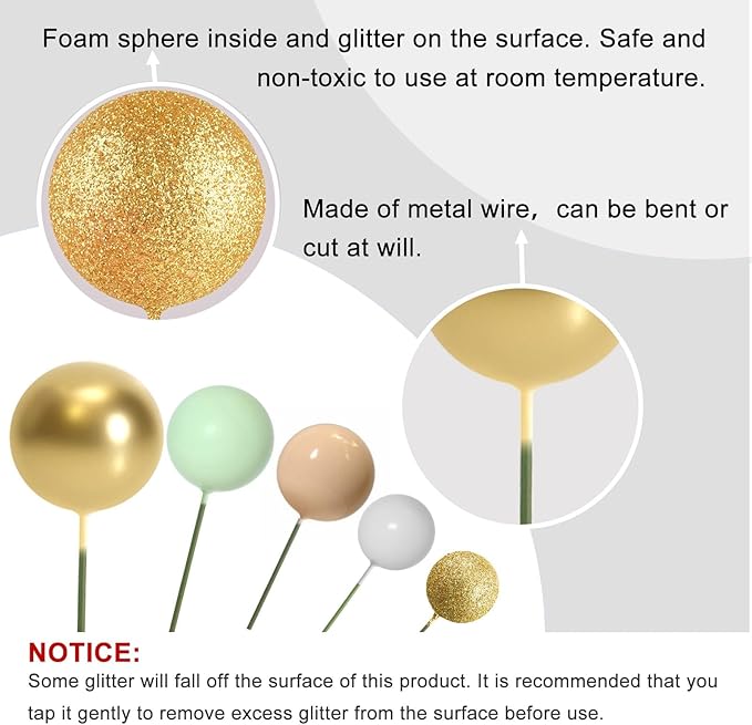 ASTARON 50 Pcs Ball Cake Topper Sticks Mini Balloons for Cake Decorating Supplies Foam Balls Cake decorations for Baby Shower Cake Birthday Cake Toppers Decorations (Light Brown，Green)