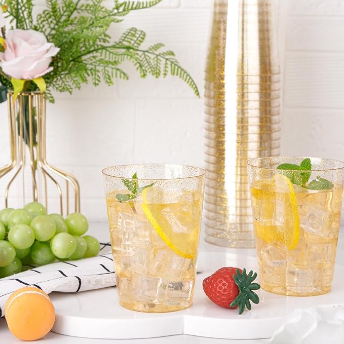 I00000 60 Pack 10oz Gold Plastic Cups, Premium Disposable Gold Glitter Plastic Cups for Martini and Cocktail,Hard Clear Disposable Cup with Gold Glitter Perfect for Fancy Wedding and Elegant Party Cup