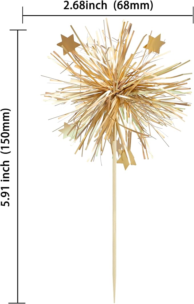 Gyufise 30Pcs Foil Firework Cupcake Toppers Happy Birthday Cake Toppers Sparkle Tinsel Flower Drink Stirrers Cocktail Food Fruit Toothpicks for Valentine's Day Party Supplies Gold