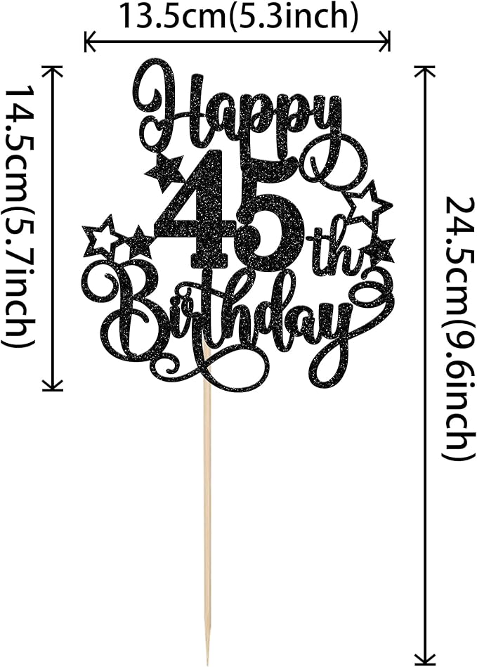 1 PCS Happy 45th Birthday Cake Topper Glitter Cheers to 45 Years Birthday Cake Pick Hello 45 Fabulous Cake Decoration for Happy 45th Birthday Anniversary Party Decorations Supplies Black