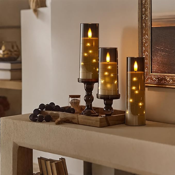 Raycare Flameless Candle with Remote Timer, 3 Flickering Acrylic Battery Operated LED Pillar Candles with Embedded Star String for Christmas, Home Decor, and as a Gift(Grey)