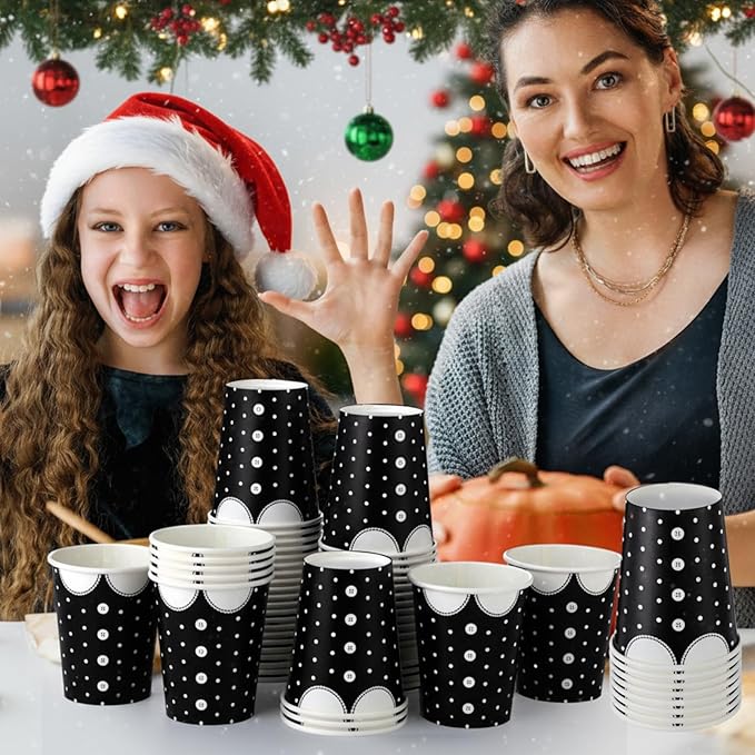 Patelai 150 Pcs Goth Christmas Party Favor Cups 9 oz Disposable Paper Gift Cups Dress Pattern Themed Party Supplies Gothic Carnival Birthday Favor Decorations for Girls Lovers