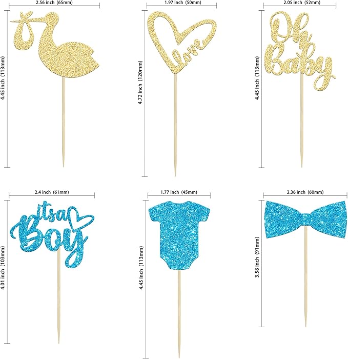 Gyufise 36 Pack Oh Baby Cupcake Toppers Assembled It's a Boy Cupcake Toppers with Tie Onesie Love Heart Glitter Cake Picks Decorations for Baby Shower Boy Birthday Party Supplies