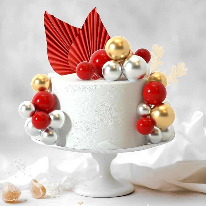 NEBURORA 64 Pcs Balls Cake Toppers and Leaves Decoration Set Mini Balloons for Cake Decorating Supplies Balls Cake decorations for Baby Shower Cake Toppers Birthday Cake Decorations(Red Gold)