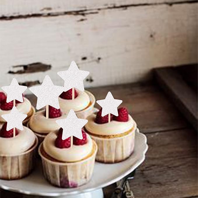 30 PCS Little Star Cupcake Toppers Glitter Twinkle Star Cupcake Picks Wedding Engagement Baby Shower Birthday Party Cake Decorations Supplies Mixed Size Silver