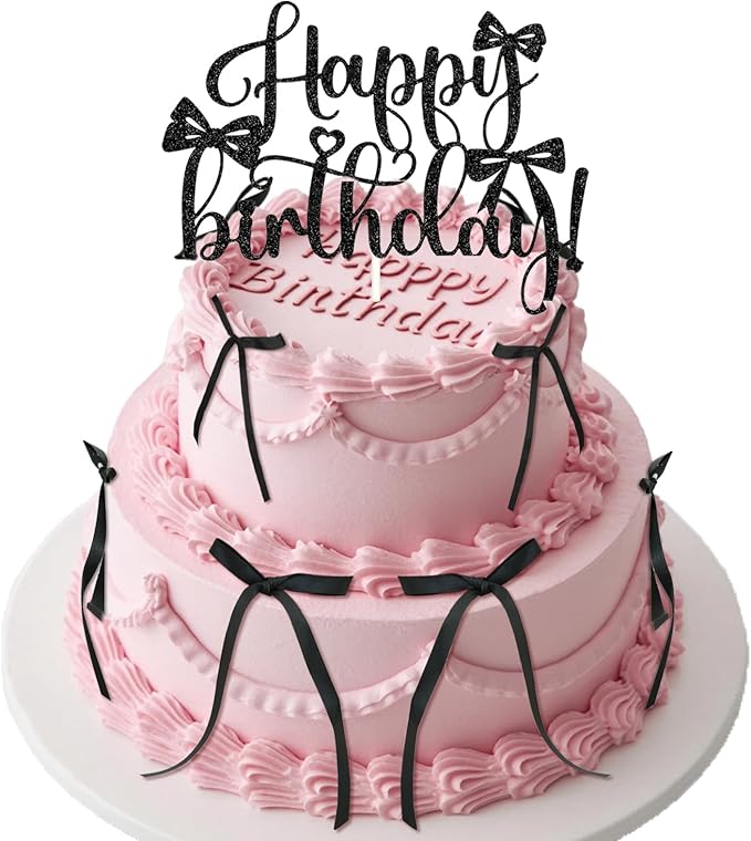 6 PCS Bow Cake Toppers Happy Birthday Cupcake Toppers Black Bows for Cake Coquette Birthday Decorations Party Decor Balloons High Footed Cup Wedding Party Supplies Baby Shower