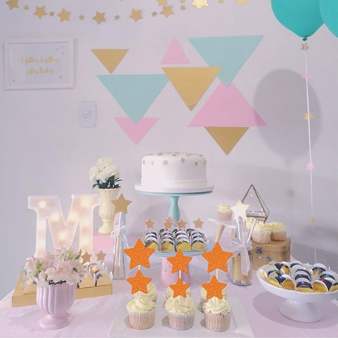 30 PCS Star Cupcake Toppers Glitter Assembled Twinkle Star Cupcake Picks Wedding Engagement Bridal Shower Birthday Party Cake Decorations Supplies Mixed Size Orange