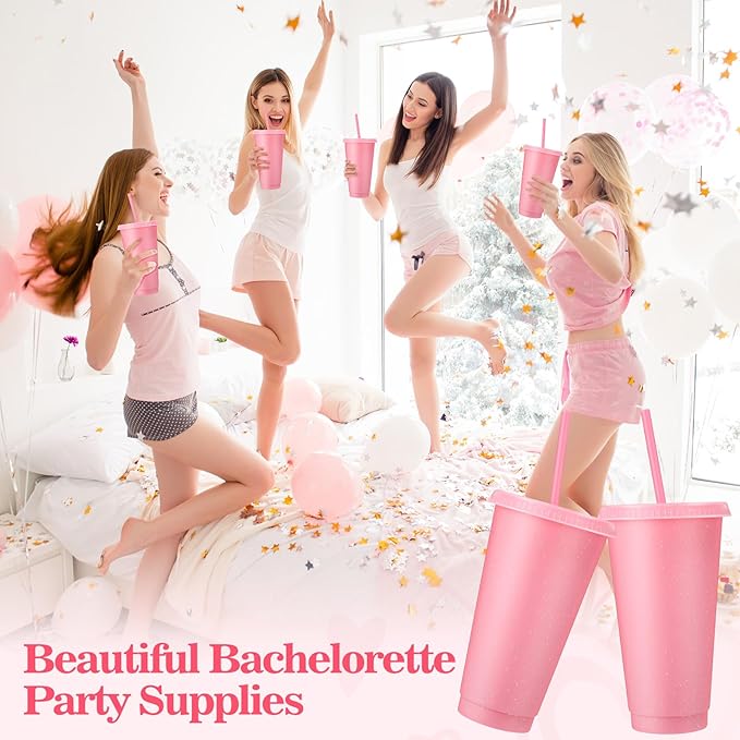 Honeydak 60 Pack Tumbler with Straw and Lid Bulk Cups for Gifts Glitter Plastic Coffee Cups 24-27 oz Reusable Water Bottle Iced Coffee Travel Mug Party Favors for Birthdays Travel (Light Pink)