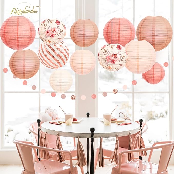 NICROLANDEE Wedding Party Decorations - 12PCS Rose Gold Vintage Floral Paper Lantern Hanging Decorations for Bridal Shower Anniversary Baby Shower Bachelorette Birthday, Valentines Day Party Decor
