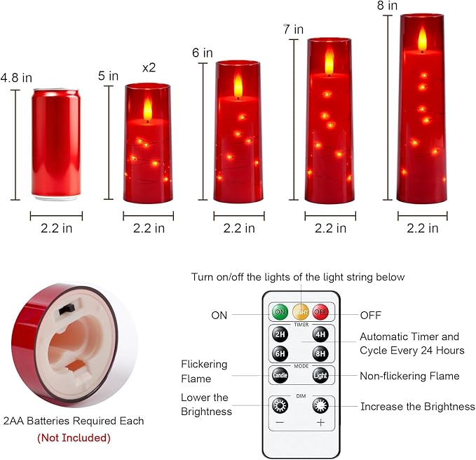 Raycare Flameless Candle with Remote Timer – 5 Flickering Acrylic Battery Operated LED Pillar Candles with Embedded Star String for Halloween, Home Decor, and as a Gift(Red)