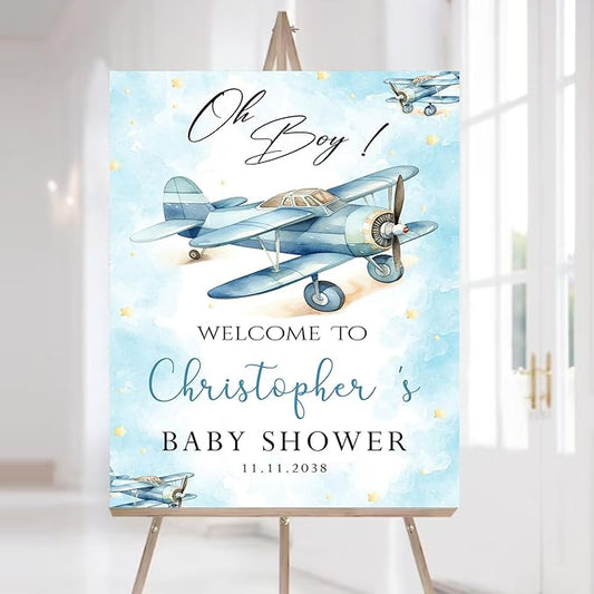 Editable Baby Shower Welcome Sign, Oh Boy Baby Shower Decorations For Boy, Airplane And Star Baby Shower Sign Decorations, Blue And White Baby Shower Theme, Luxury Baby Shower Welcome Sign