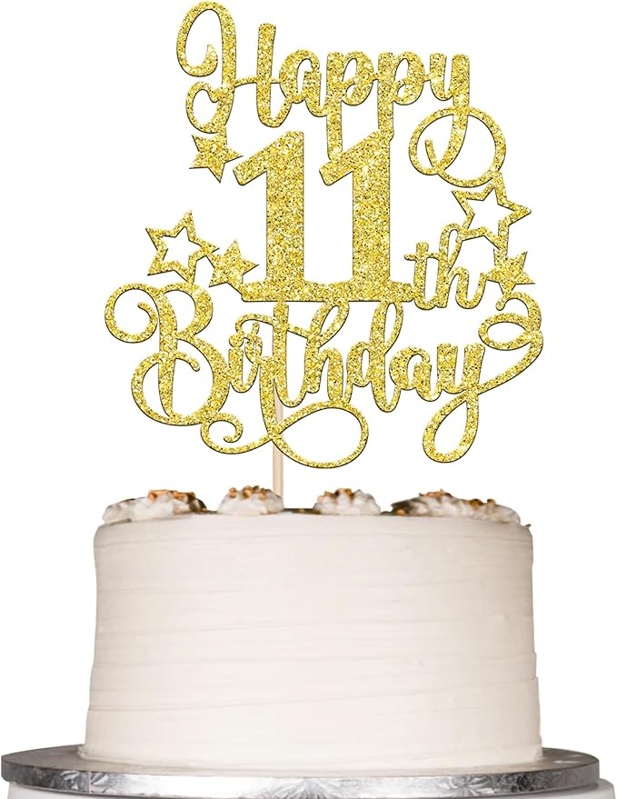 1 PCS Happy 11th Birthday Cake Topper Glitter Cheers to 11 Years Birthday Cake Pick Hello 11 Fabulous Cake Decoration for Happy 11th Birthday Anniversary Party Decorations Supplies Gold