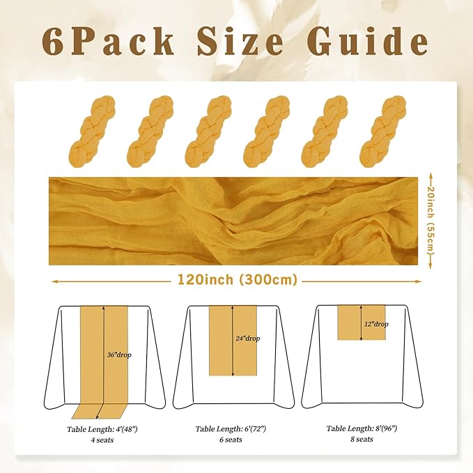 6 Pack Mustard 10FT Cheesecloth Table Runner Rustic Gauze Fabric Cheese Cloth Table Runner for Wedding Bridal Baby Shower Table Decor Boho Sheer Birthday Party Table Decorations 20 x 120 Inch Long