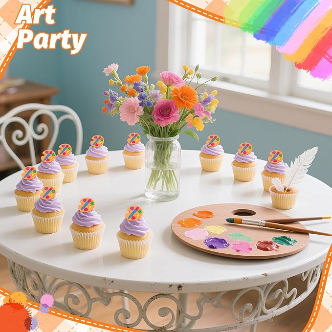 24 PCS Palette Cupcake Toppers Dessert Ring Cupcake Topper Art Paint Cake Toppers Painting Graffiti Art Party Favors Birthday Party Baby Shower Decor Supplies