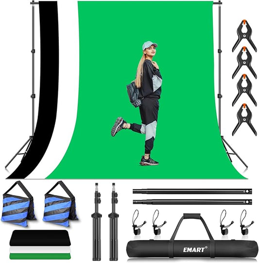 EMART Photo Video Studio Backdrop Stand Kit, 7×10ft Adjustable Photography Support System with Polyester Background(Black/White/Green Screen), Spring Clamps and Carry Bag for Photoshoot