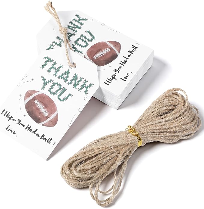 50Pcs Football Thank You Tags, Rugby Birthday Party Favor Thank You Sport Themed Party Hang Tags for Gifts Wrapping Craft Birthday Decorations