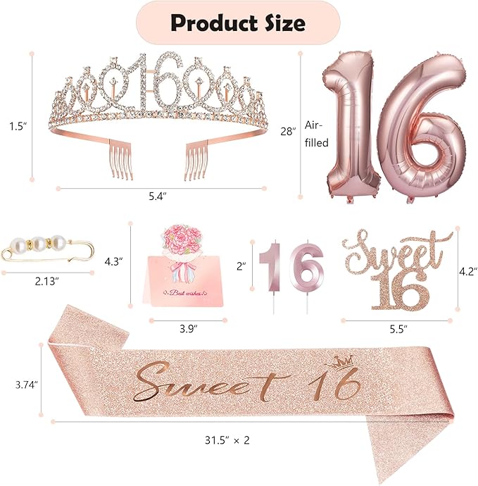 Sweet 16 Birthday Party Decorations for Girls, Sweet 16 Sash and Tiara, Cake Toppers, Number Candles and Balloons, 16th Birthday Gifts for Girls