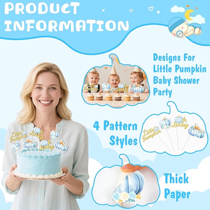 Little Pumpkin Cupcake Toppers, 24 Pcs Pumpkin Cupcake Picks Little Pumpkin Baby Shower Decorations Little Pumpkin Baby Shower Party Supplies