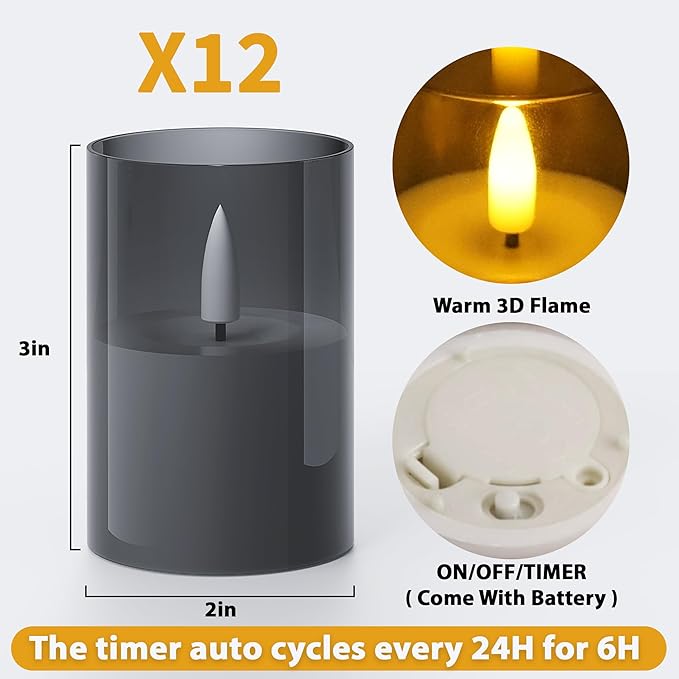 12Pack Flickering Flameless LED Candles with Timer, Battery Powered - Small Pillar & Votive, Black (2"X3")