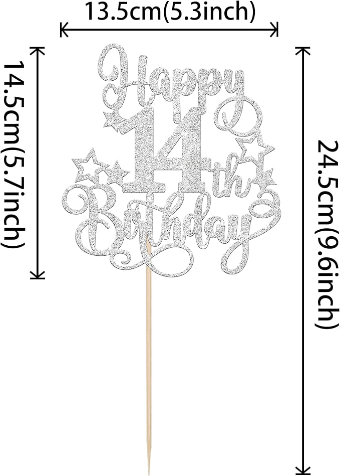 1 PCS Happy 14st Birthday Cake Topper Glitter Cheers to 14 Years Birthday Cake Pick Hello 14 Fabulous Cake Decoration for Happy 14st Birthday Anniversary Party Decorations Supplies silver