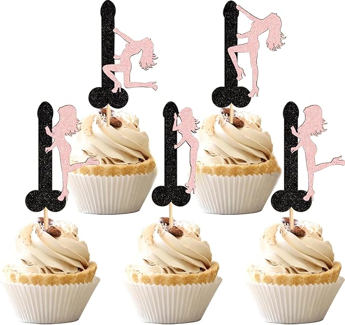 ZitTRo 28 Pcs Pole Dancing Girl Cupcake Toppers, Black-pink Glitter Pole Bachelorette Cupcake Picks, Pole Dancers Cupcake Decorations for Night Out Hen Movie Party，Valentine's Day