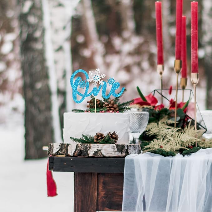 1 Pack Snowflake One Cake Topper Glitter Baby Shower Winter Snowflake First Birthday Cake Topper Decorations for Winter Frozen Theme Baby Shower 1st Birthday Party Supplies Blue