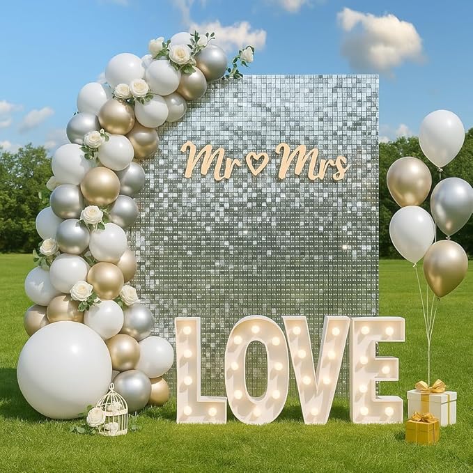 Shimmer Wall Sequin Backdrop, 48pcs Square Shimmer Wall Sequin Backdrop, DIY Party Shiny Decor for Wedding, Birthday, Anniversary, Graduation, Holiday&Home Background Supplies (Silver)