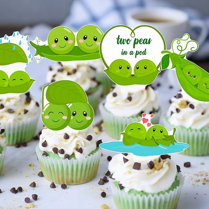 Two Peas in a Pod Twins Cupcake Toppers Twins Baby Shower Decorations 48Pcs Pea Party Cake Topper Decorations Sweet Pea Cupcake Picks for Two Peas in a Pod Twins Gender Reveal Birthday Party Supplies