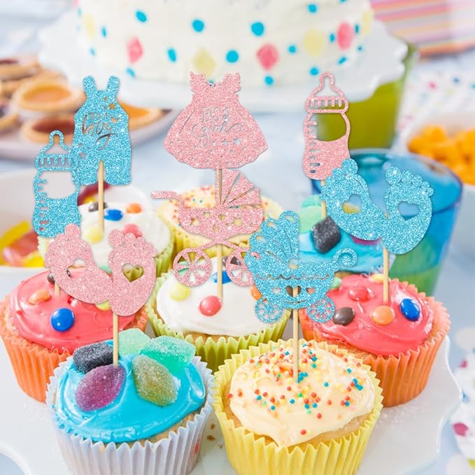 Cyuan 36PCS Gender Reveal Cupcake Toppers – Pink & Blue Glitter Baby Shower Decorations with Bottles, Bows, Bodysuits, Pants, Dresses & Baby Feet for Boy or Girl Party