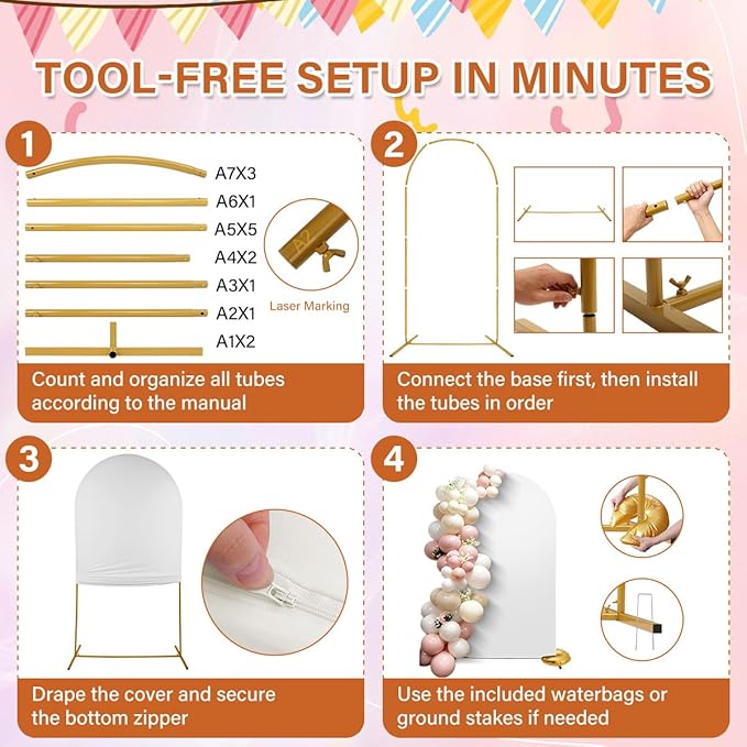 6.6FT Wedding Arch Backdrop Stand and Cover Set, Heavy-Duty Balloon Arch Stand with White Cover ＆ Water Weight Bags for Birthday, Baby Shower, Bridal Party Decor