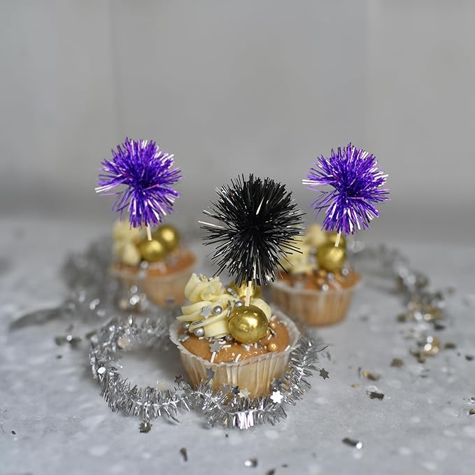 Gyufise 30Pcs Foil Firework Cupcake Toppers Sparkle Tinsel Cake Toppers Tinsel Drink Cake Decoration Cocktail Picks for Birthday Wedding Graduation Party Supplies Black Purple