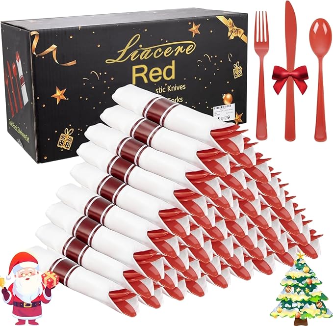 Liacere 400PCS Pre Rolled Red Silverware and Napkin - Disposable Red Plastic Utensils-Wrapped Plastic Cutlery Set with Napkin:100Forks,100Knives,100Spoons,100Napkins for Wedding＆Valentine＆Christmas