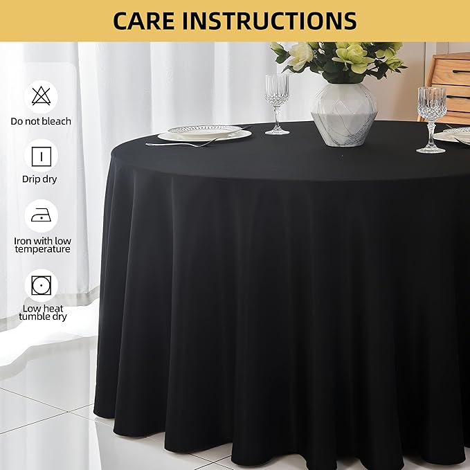 10-Pack Round 108-inch Black Table Cloths, Solid Stain and Wrinkle Resistant Circular Tablecloth, Premium Plain Weave Polyester Fabric Table Linen Covers for Hotel, Banquet