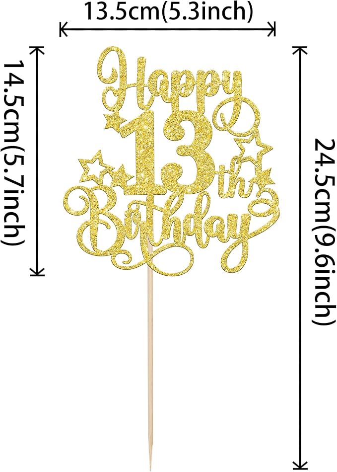 1 PCS Happy 13th Birthday Cake Topper Glitter Cheers to 13 Years Birthday Cake Pick Hello 13 Fabulous Cake Decoration for Happy 13th Birthday Anniversary Party Decorations Supplies Gold