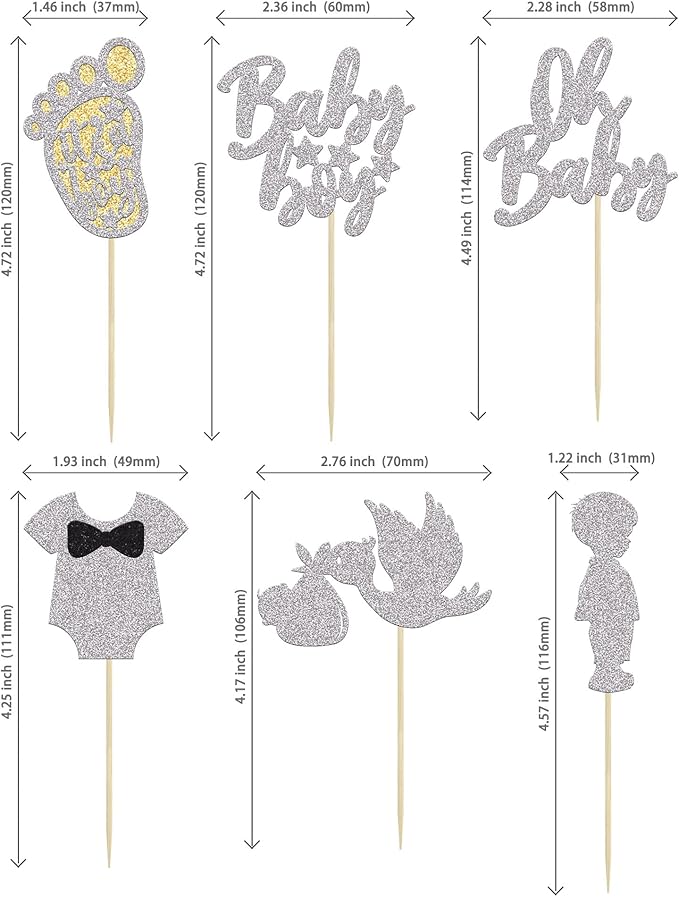Ephlyn 24Pcs Boy Silver Cake Toppers - It's a Boy Cupcake Toppers, Baby Shower Theme Party Supplies, Upgrade Quality Guarantee