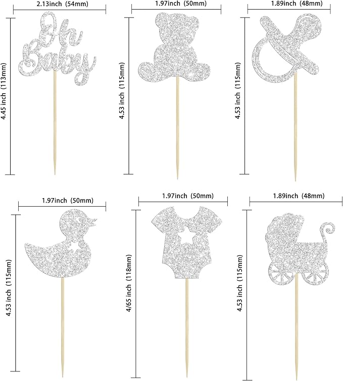 Gyufise 36Pcs Oh Baby Cupcake Toppers Glitter Pacifier Baby Carriage Bear Baby Shower Cupcake Picks for Gender Reveal Baby Shower Kids Birthday Party Supplies Silver