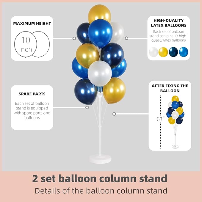 Balloon Column Kit Set of 2 With Balloons Included - Balloon Tower with Stand, Base, and Pole,Backdrop Decoration for Wedding, Baby Shower, Birthday Party, or Bachelorette Parties (Gold Blue white)
