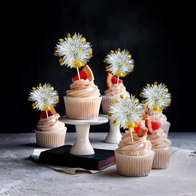 Ephlyn 30Pcs Foil Firework Cupcake Toppers Sparkle Tinsel Cupcake Picks Happy Birthday Cake Decorations Drink Stirrers Cocktail Food Fruit Toothpicks for Baby Shower Graduation Party Supplies Silver