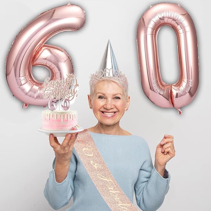 60th Birthday Decorations for Woman, 60th Birthday Sash and Crown, Cake Topper, Number Candles and Balloons,, 60 Year Old Gifts for Women