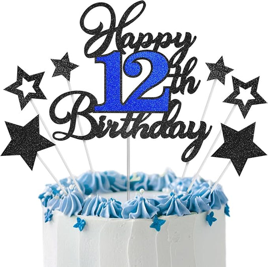 12th Birthday Cake Topper, Black Blue Happy 12th Birthday Cake Toppers for Boy Girl, 12 Years Old Birthday Party Supplies, Glitter Cake Decor, 12th Birthday Cake Decorations