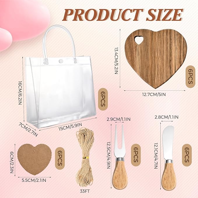6 Set Heart Shaped Charcuterie Board Wood Mini Charcuterie Board With Cheese Knives Fork Set Bridal Shower Favors for Guest Bridal Baby Shower Prize Wedding Birthday Valentines Day