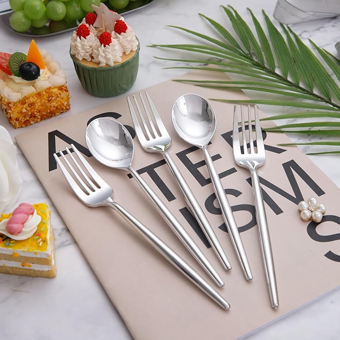 SUT 200Pcs Plastic Silverware,Plastic Spoons and Forks, Disposable Silverware,Silver Plastic Silverware, Disposable Forks and Spoons, Includes 100 forks, 100 spoons for Party, Birthday, Wedding