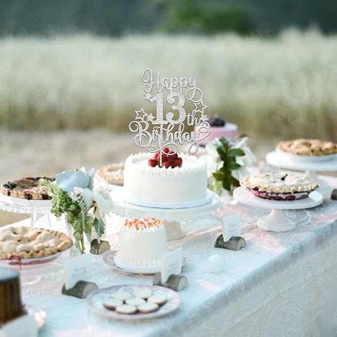 1 PCS Happy 13th Birthday Cake Topper Glitter Cheers to 13 Years Birthday Cake Pick Hello 13 Fabulous Cake Decoration for Happy 13th Birthday Anniversary Party Decorations Supplies silver