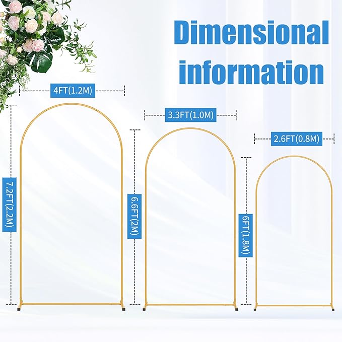 Metal Arch Backdrop Stand Set of 3 (7.2FT/6.6FT/6FT), Easy Assemble Balloon Arch Stand Kit, Decorative Backdrop Arch Stand, Gold Wedding Arch for Birthday Party and Baby Shower Decoration