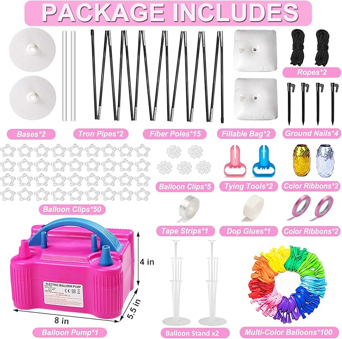 Balloon Arch Kit and Balloon Pump Electric, 10ft Wide Adjustable Balloon Arch Stand With 100Balloons 2Balloon Stands For Wedding Anniversary Birthday Mother's Day Party Decoration Graduation Ceremony