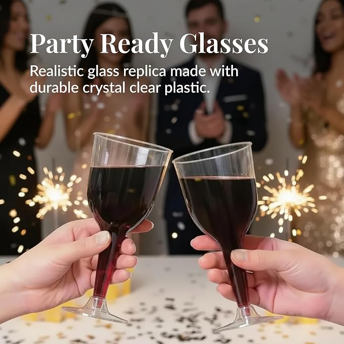 Prestee 24 Clear Stemmed Plastic Wine Glasses - 10 oz Disposable Wine Glasses for Parties - Plastic Wine Cups with Stem for Weddings, Wine Tasting, Patio Gatherings, and Elegant Party Supplies