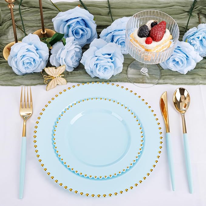 Supernal 102Pcs Mint Green Plastic Silverware,Gold Cutlery with Mint Green Handle,Gold Plastic Silverware Heavy Duty Include 34 Forks,34 Spoons and 34 Knives Prefect for Party,Wedding & Mother's Day
