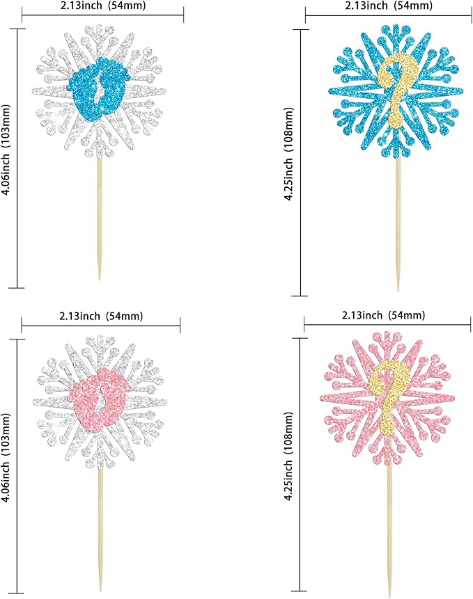 24Pcs Snowflake Gender Reveal Cupcake Toppers Glitter Boy or Girl Cupcake Pick decorations for Snowflake Winter Frozen Baby Shower Birthday Party Supplies Pink Blue